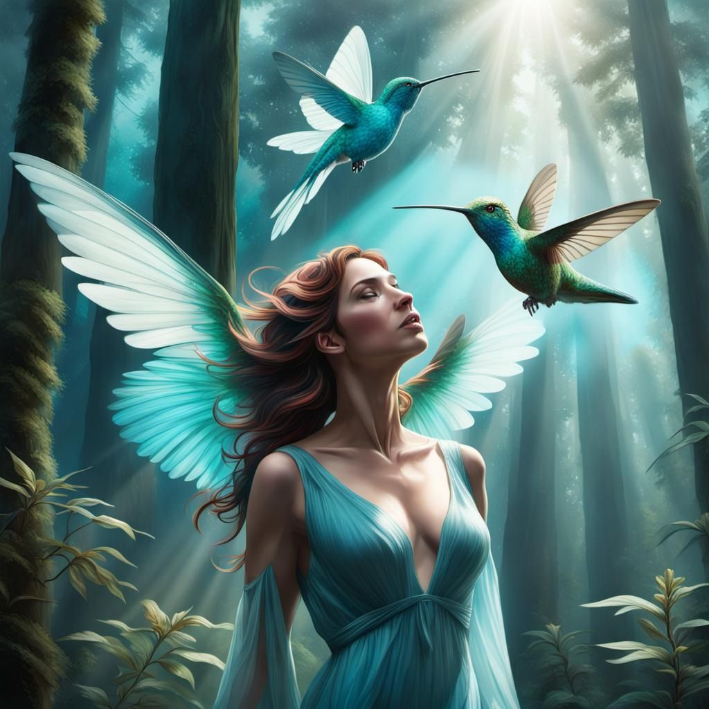 Giant Hummingbird and Lady in Forest, Cinematic Still