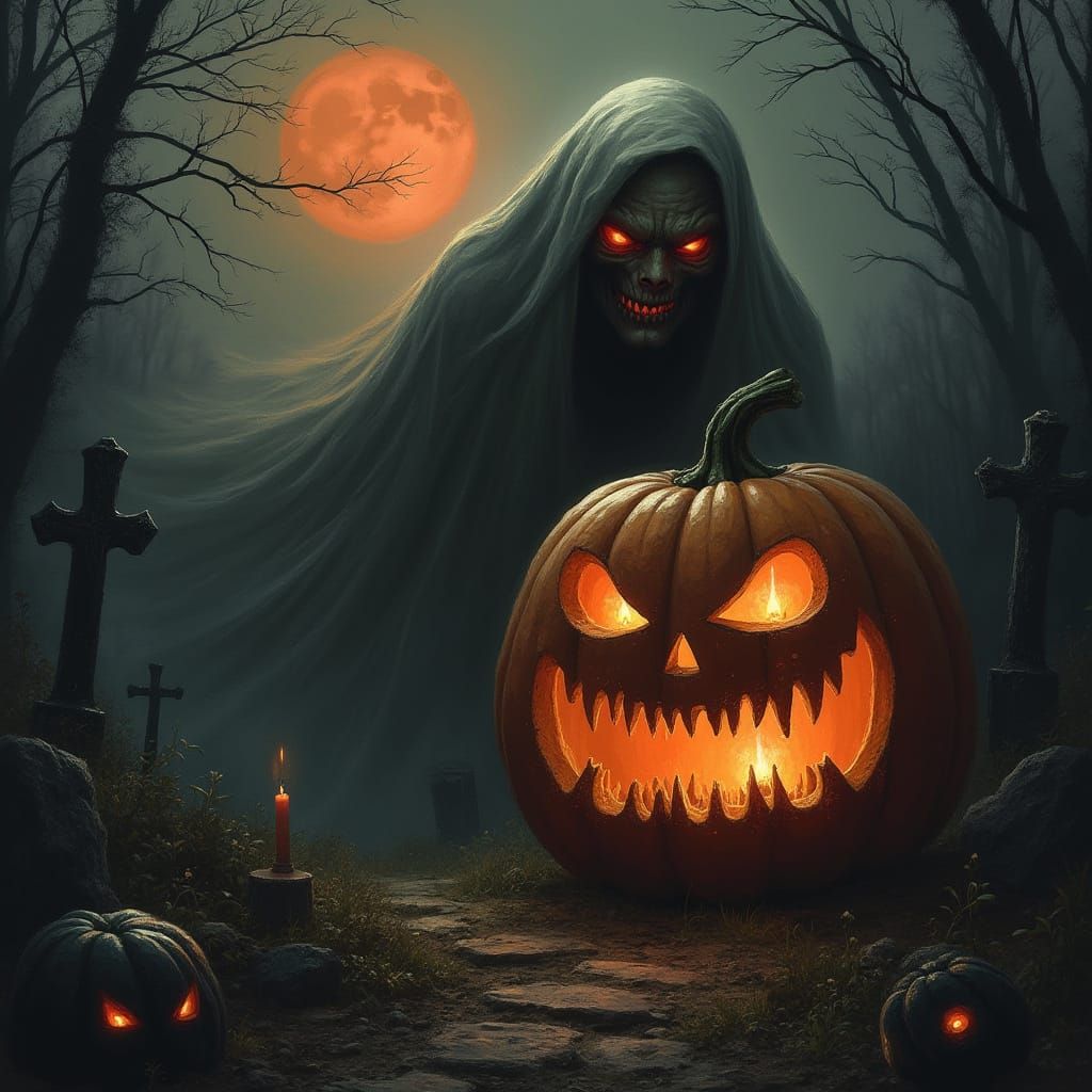 Terrifying Ghost Pumpkin in Foggy Graveyard
