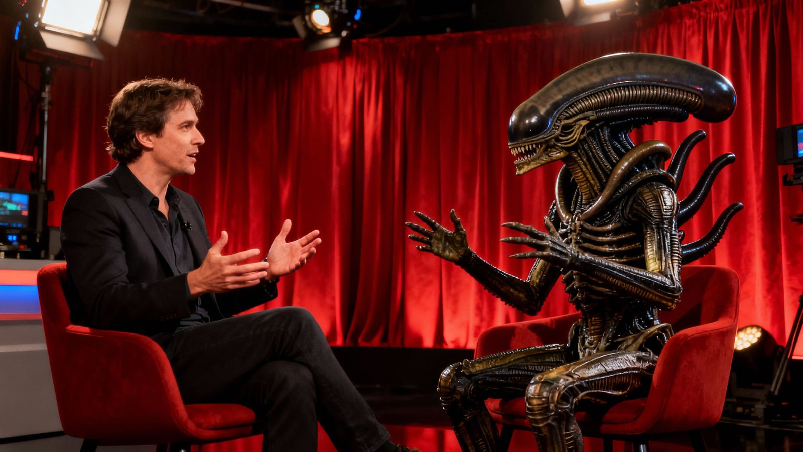 Host and Xenomorph Chat Show in TV Studio