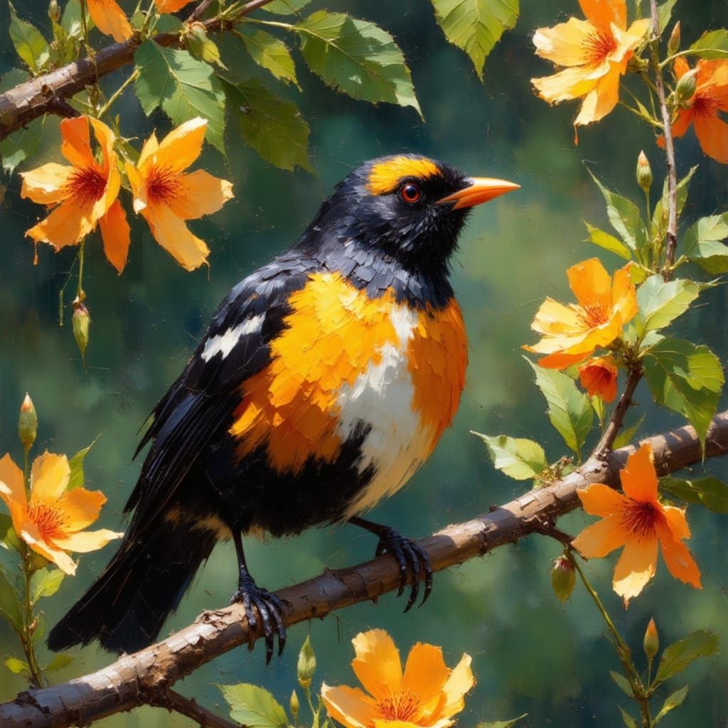 Blackbird in Blooming Tree with Sunset Glow