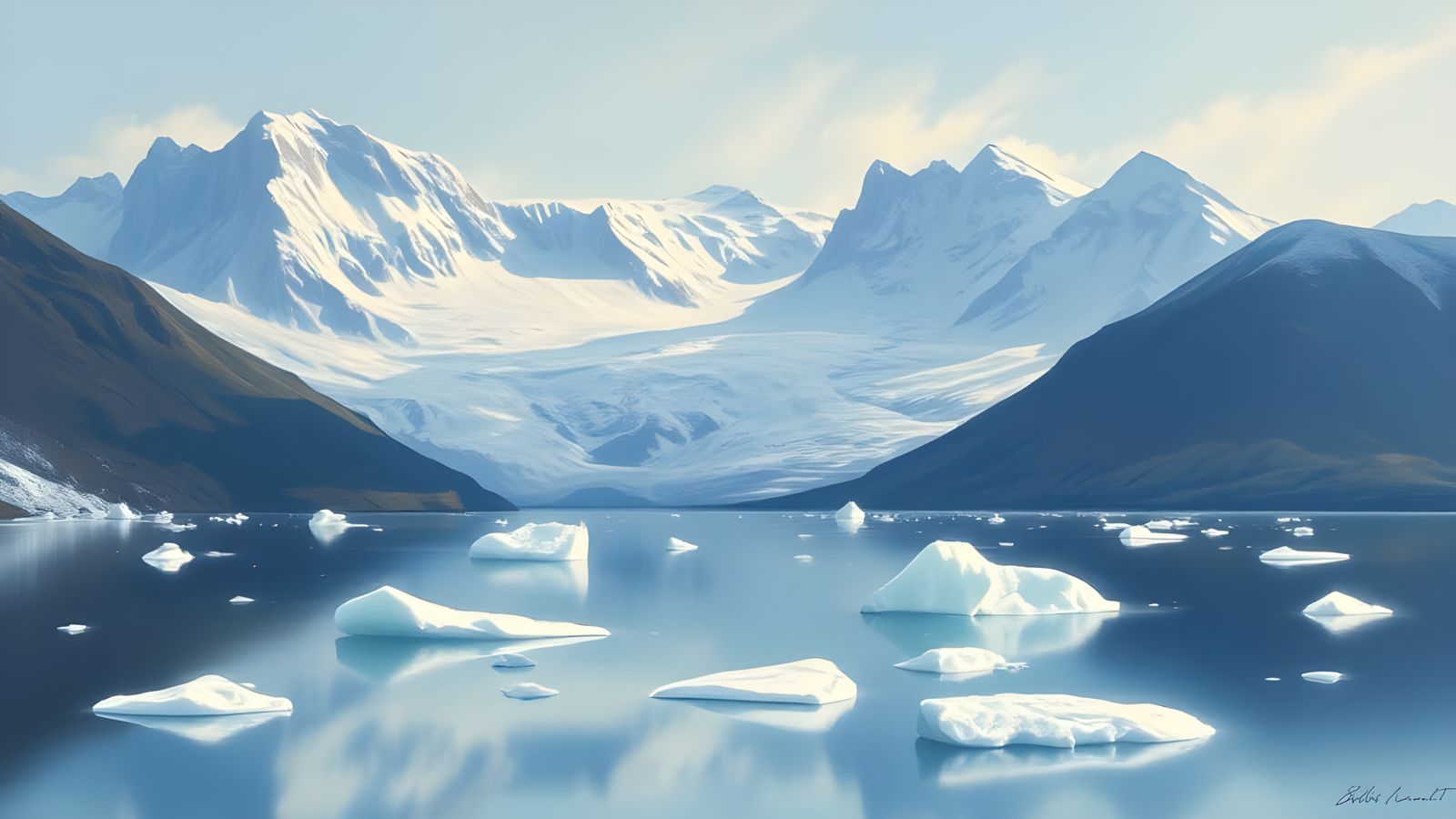 Ice Floes on Calm Glacial Lake With Mountain Silhouette