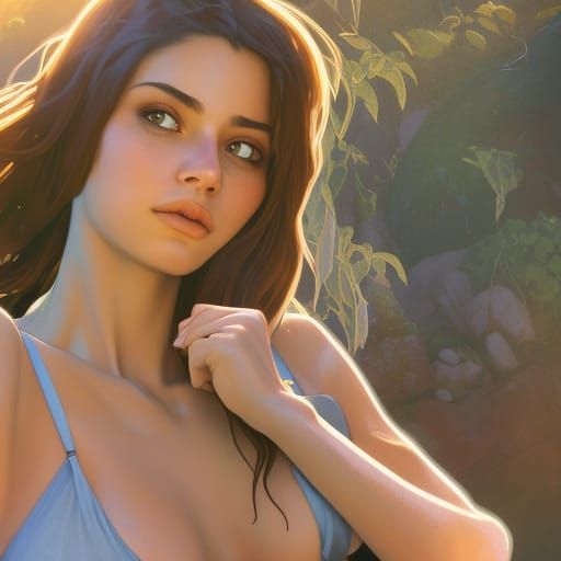 Gorgeous Woman Hiking in Sunlight, Hyperdetailed Portrait