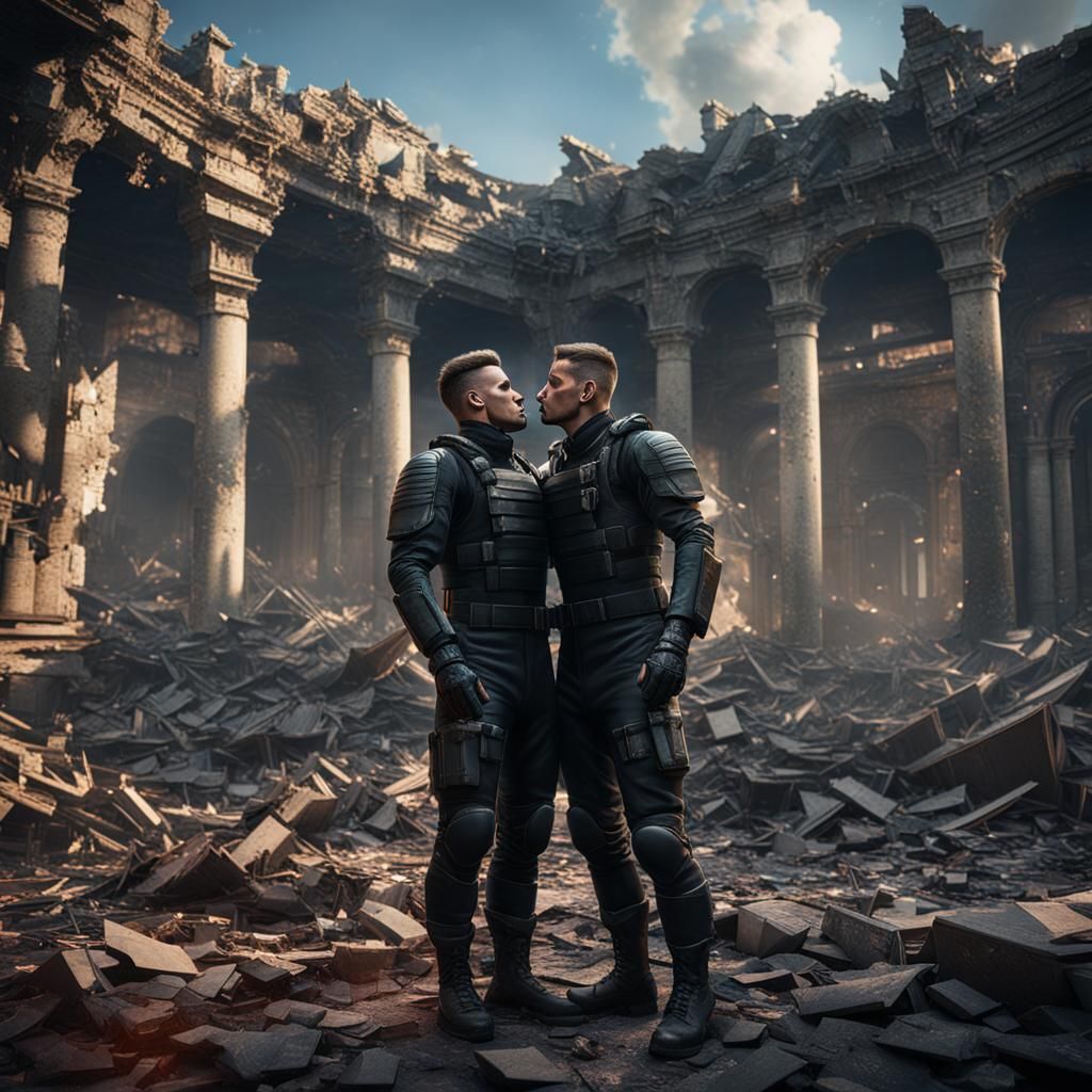 Soldiers Kissing in Ruins: Detailed Matte Painting