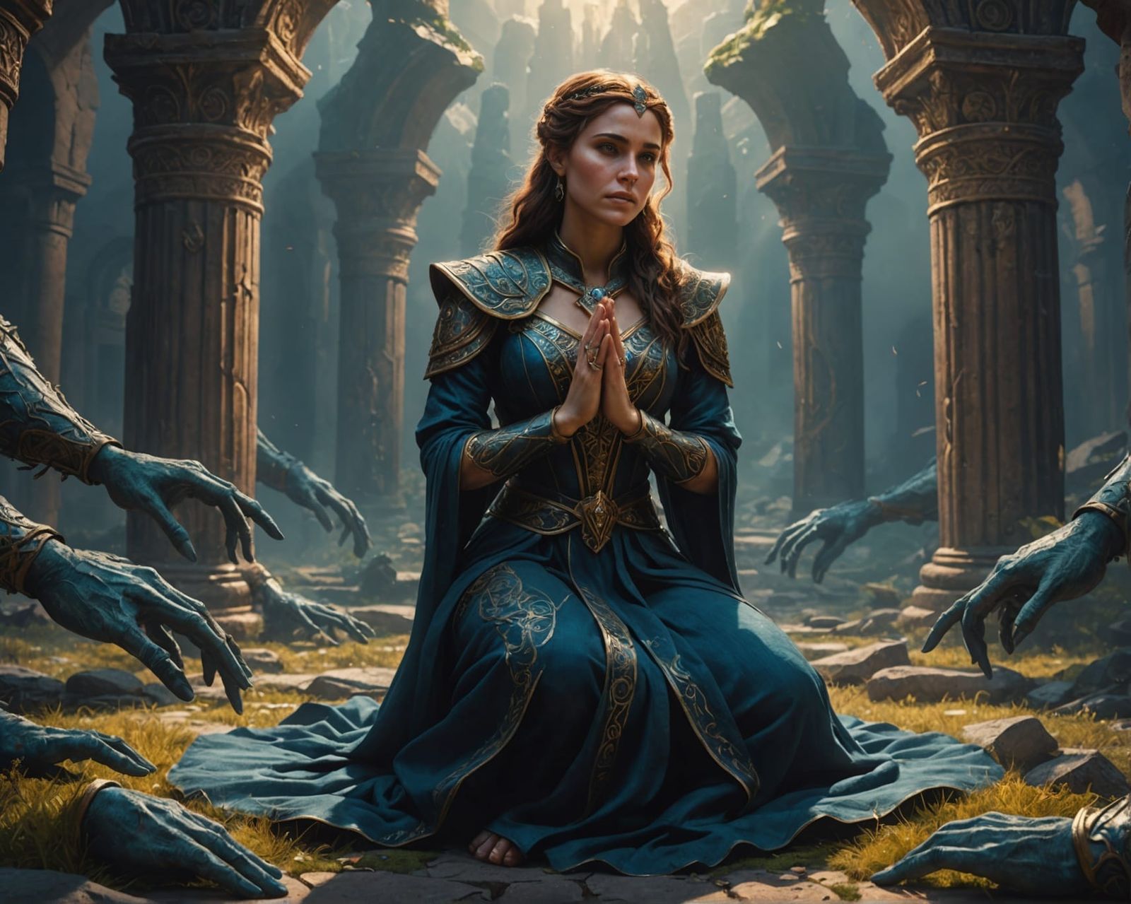 Woman Praying in God's Hands: Realistic Fantasy Art
