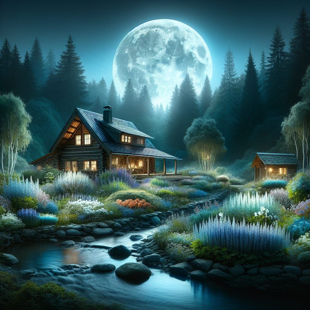 Moonlit Cabin in Ethereal Wildflower Herb Garden