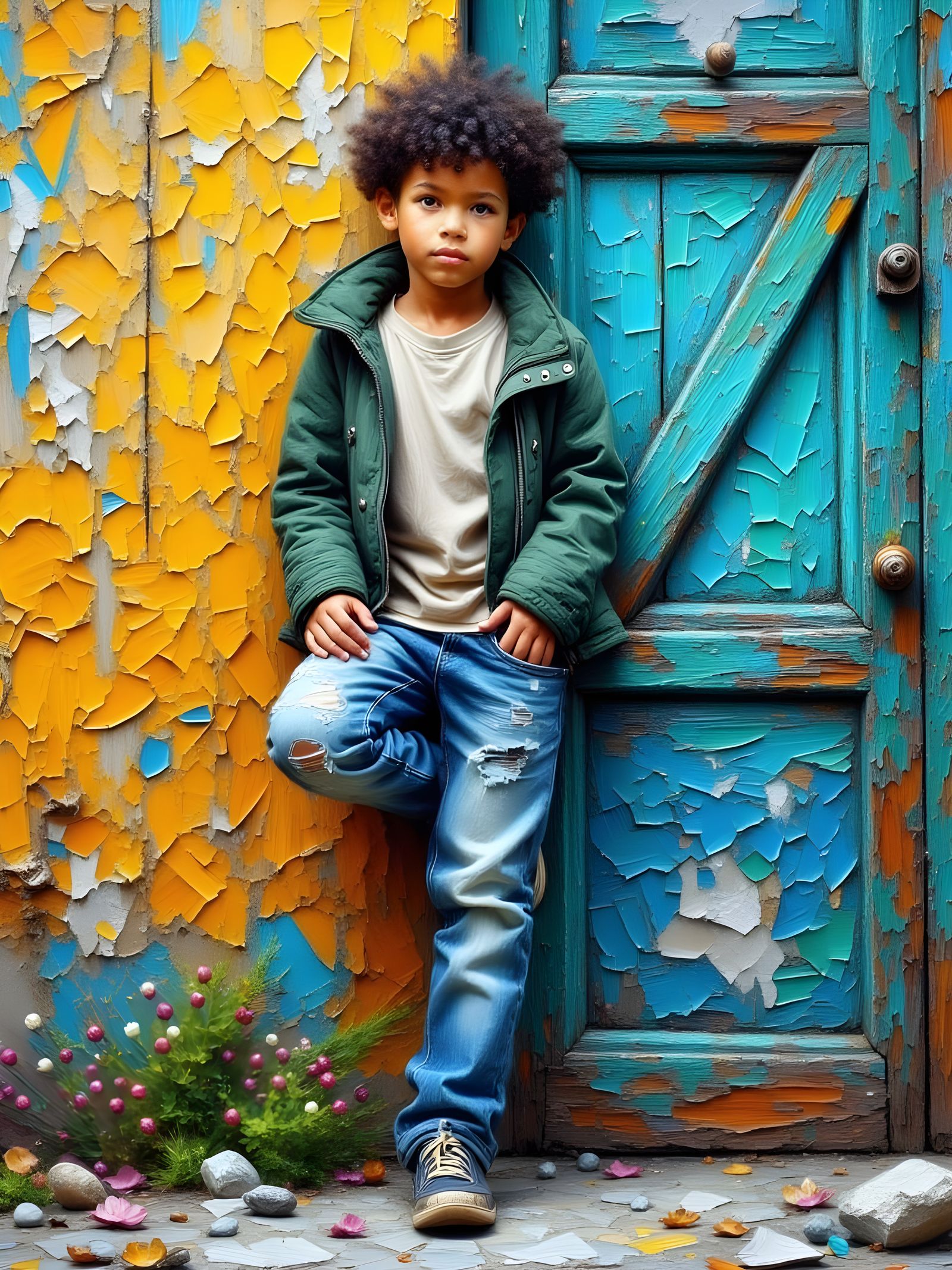 Impasto Painting of Boy Leaning Against Old Wooden Door