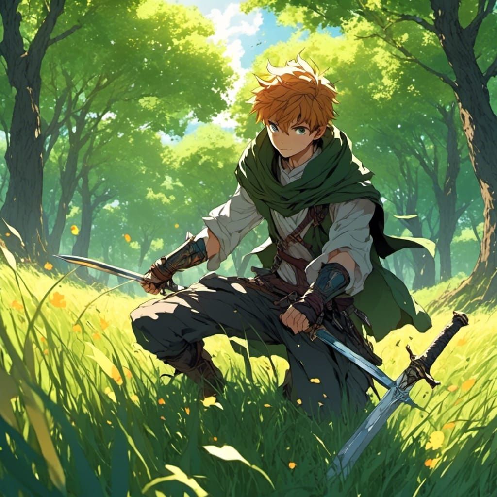 Anime Manga Young Swordsman in Sunlit Field