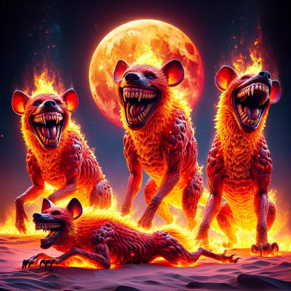 Fiery Hyenas Laughing Under a Blood Moon