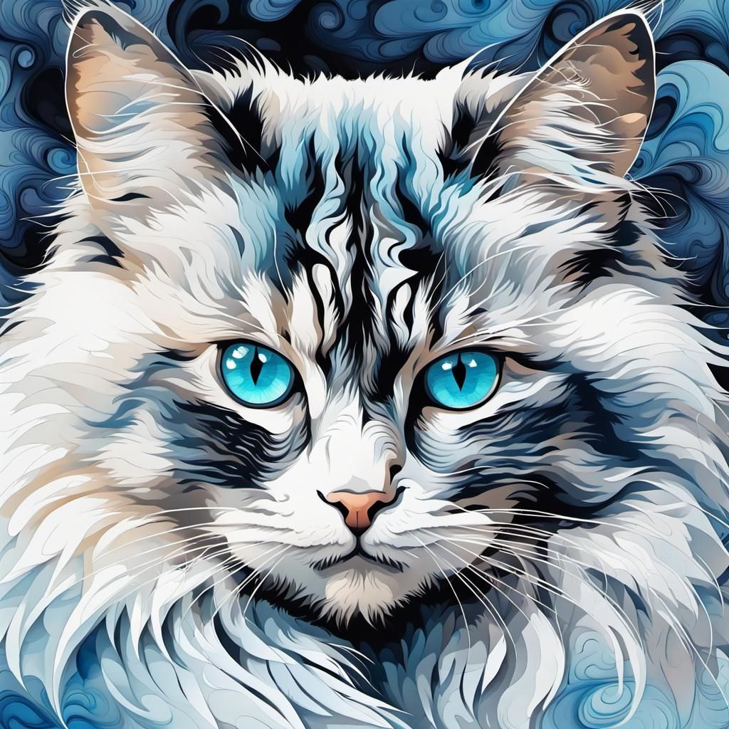 Beautiful Fluffy Cat in Watercolour Ink Art