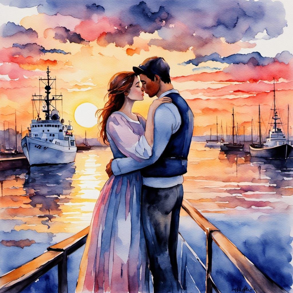 Romantic Sailor's Kiss in Whimsical Watercolor