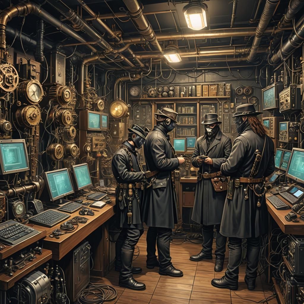 Hyperdetailed Darkweb Hackers in Steampunk Engine Room