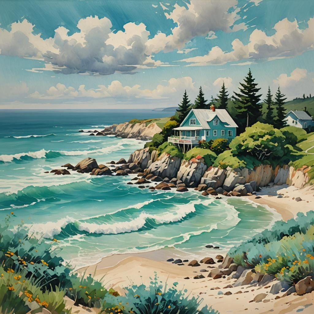 Coastal Cottage in Gouache Style on a Summer Day
