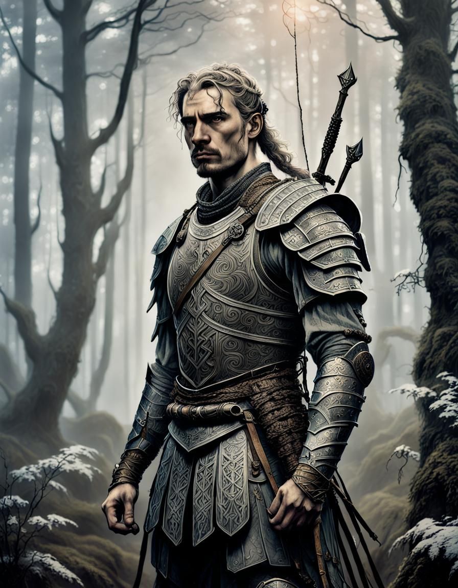 Germanic Man in Misty Forest: Ink Drawing