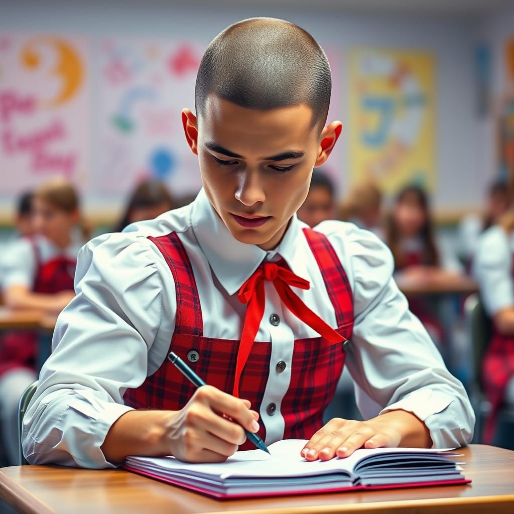 Young Man in Schoolgirl Uniform Studies Intently