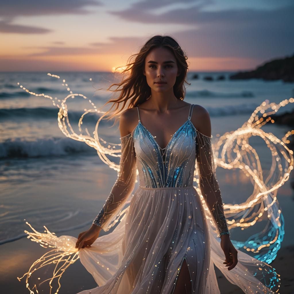 Girl in Neon Dress on Beach at Sunset