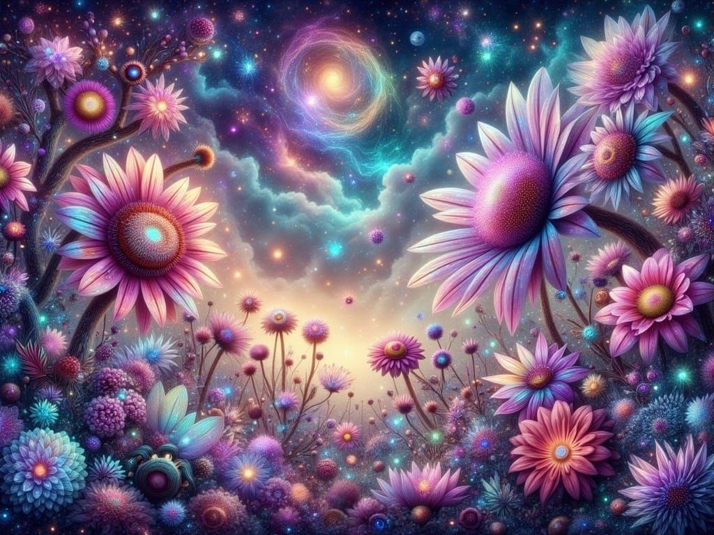 Dreamlike Landscape with Enchanting Flowers in a Vibrant, Wh...