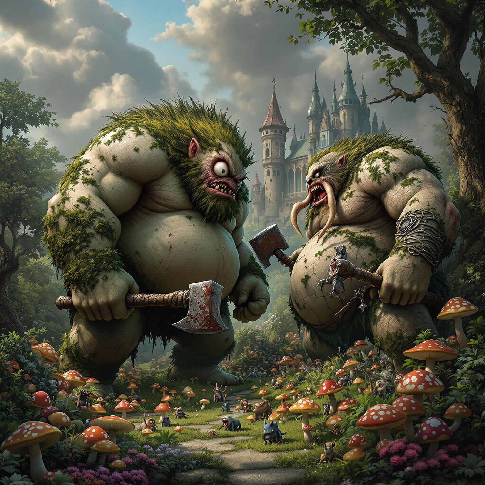 Gothic Cyclops Confronts Ogre in Lush Dark Fantasy Garden