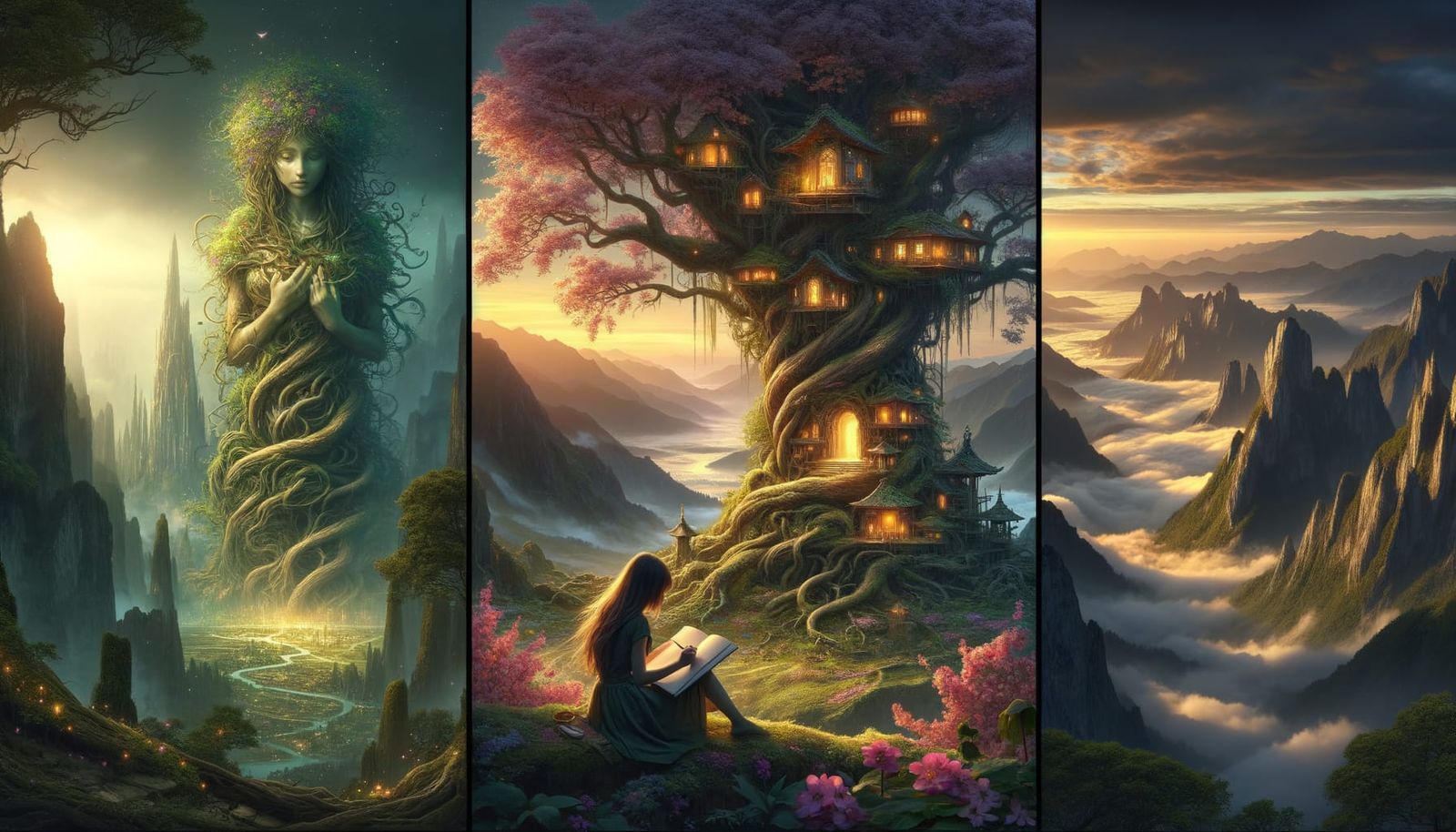 Fantasy Landscape Triptych in Romantic-Style Digital Art