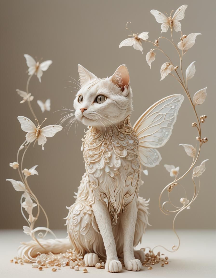 Ghostly Fairy Cat with Flying Mice in Art Nouveau Style