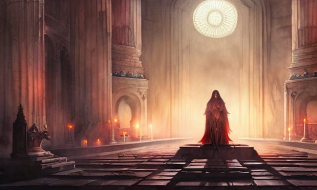 Temple Priestess in Dark Fantasy Watercolor Style