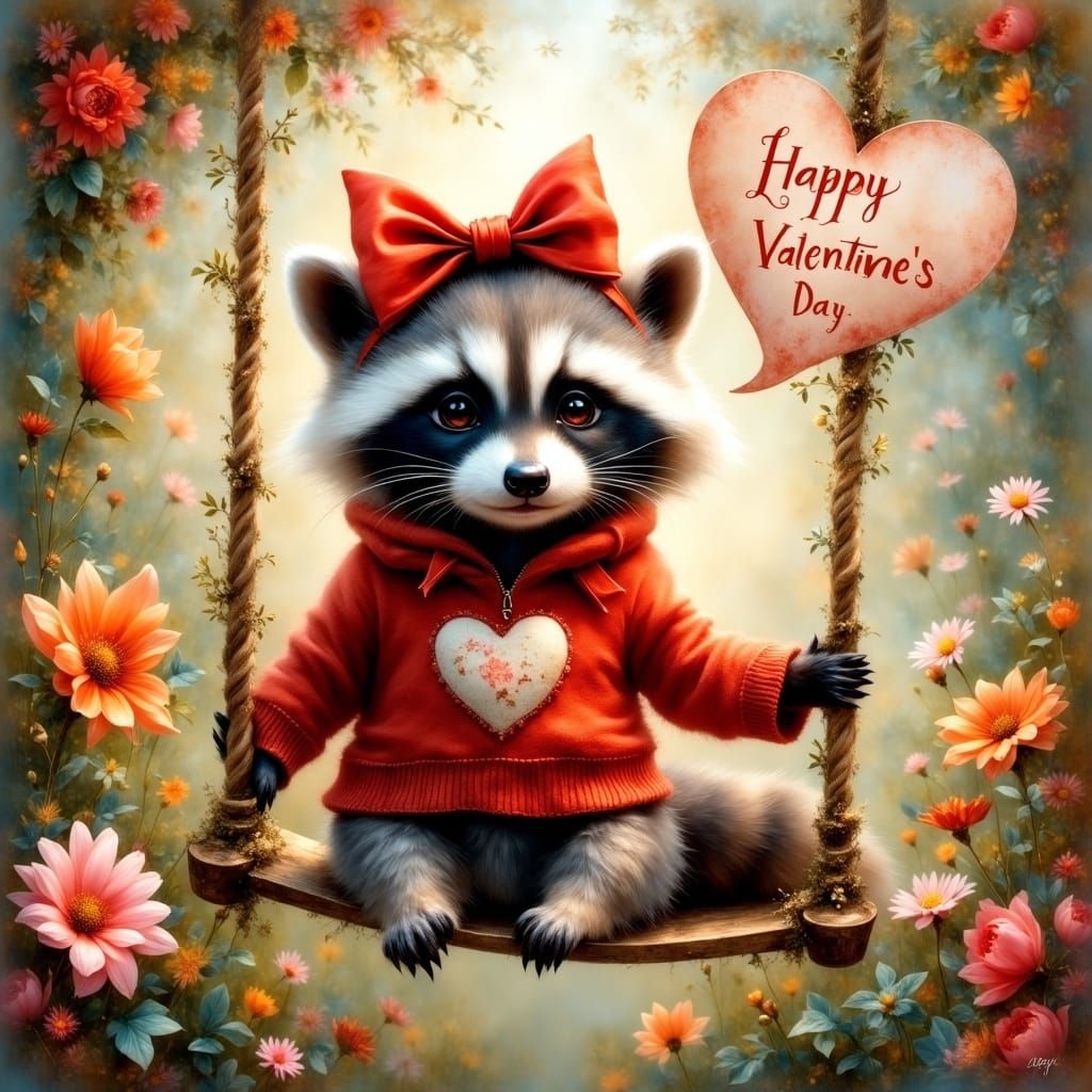 Whimsical Baby Raccoon in Valentine's Day Garden