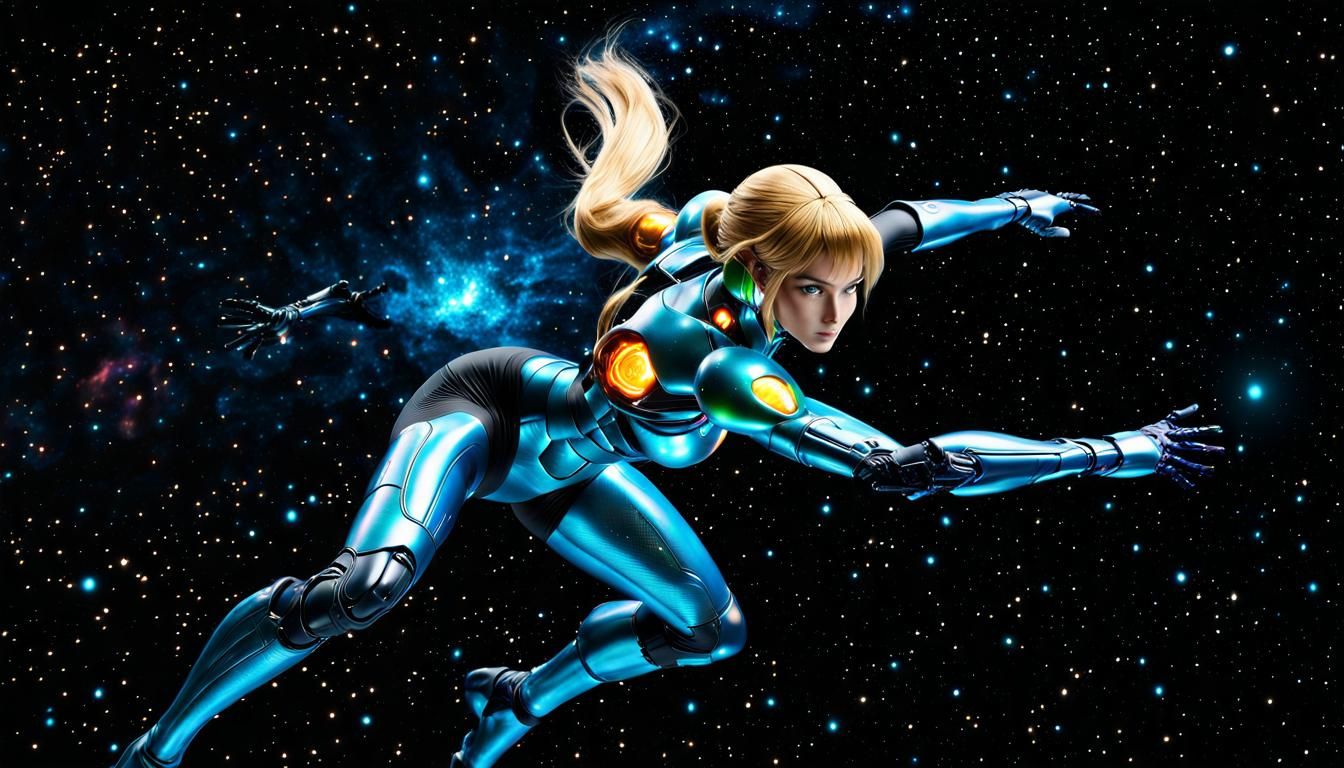 Girl in Samus-Style Bodysuit Levitating in Space