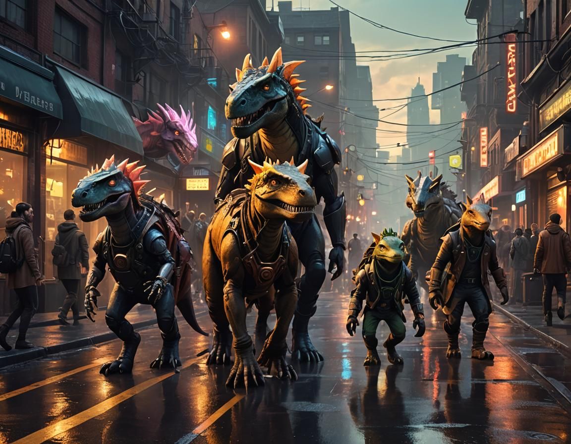 Aetherpunk City Street with Fantasy Characters in 3D Anime S...