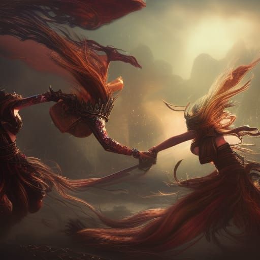 Intricate Matte Painting of Women Fighting
