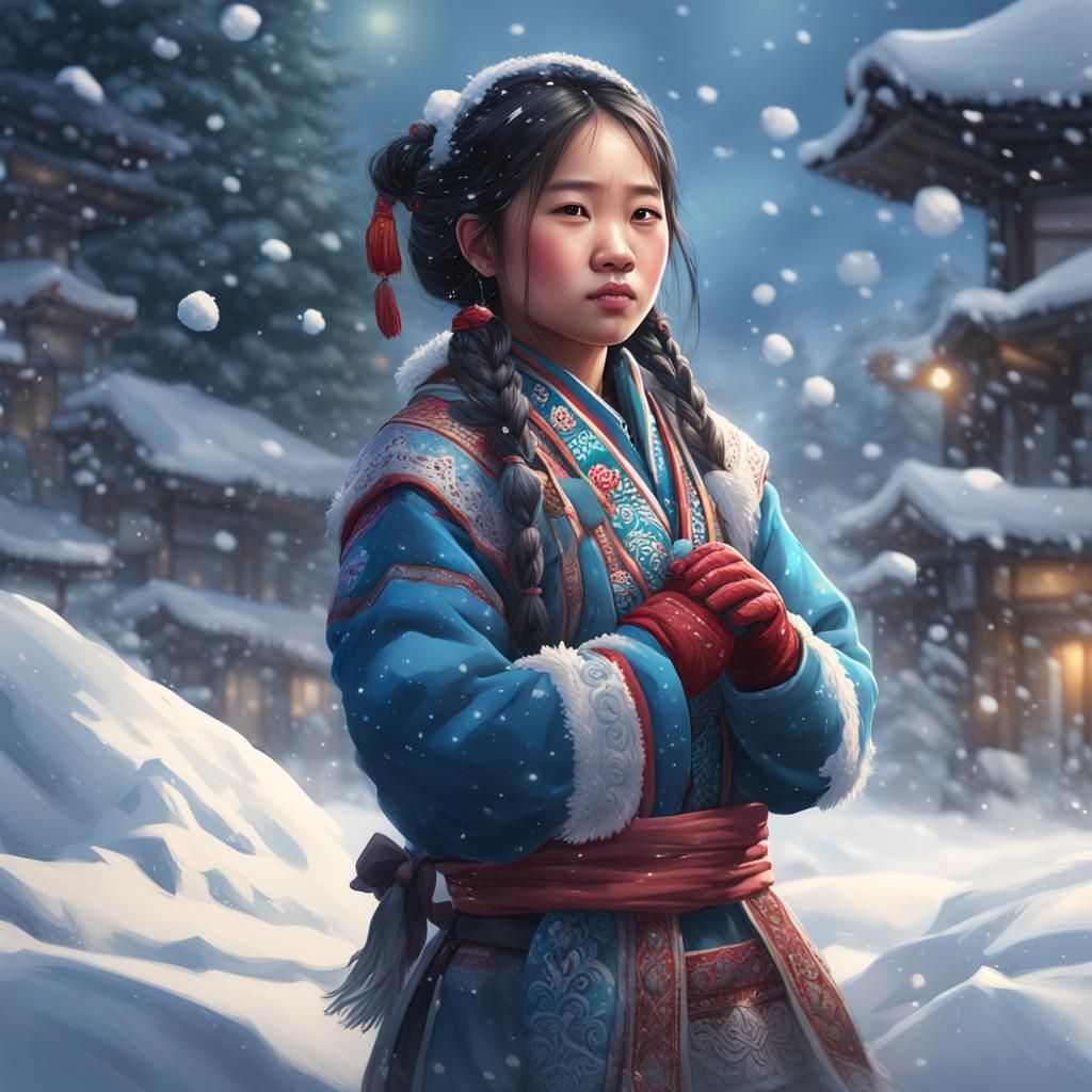 Hmong Girl in Snow, Hyperdetailed Portrait
