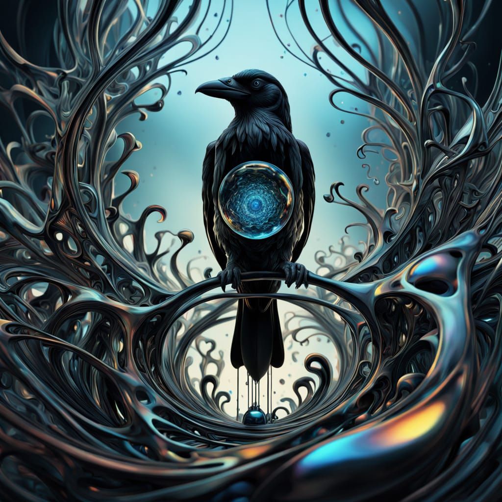 Surreal 4D Tesseract Landscape with Ferrofluid Raven and Bio...