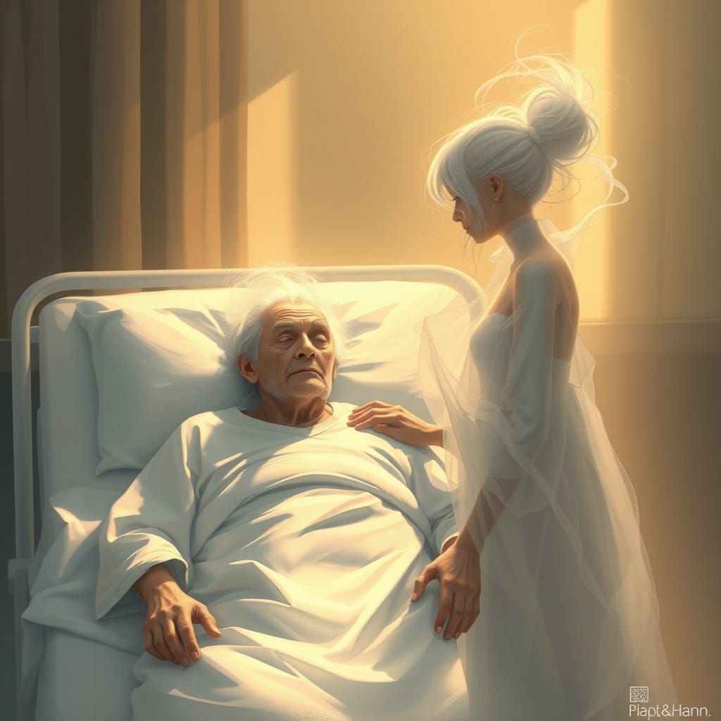 Elderly Man Comforted by Ethereal Ghost in Golden Light