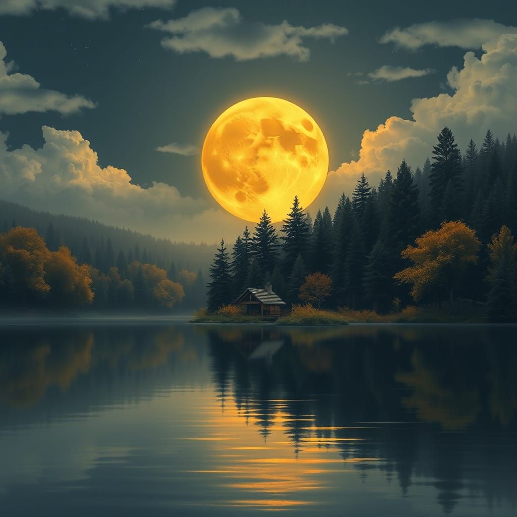 Serene Lake Under Vibrant Yellow-Golden Moon in Classical La...
