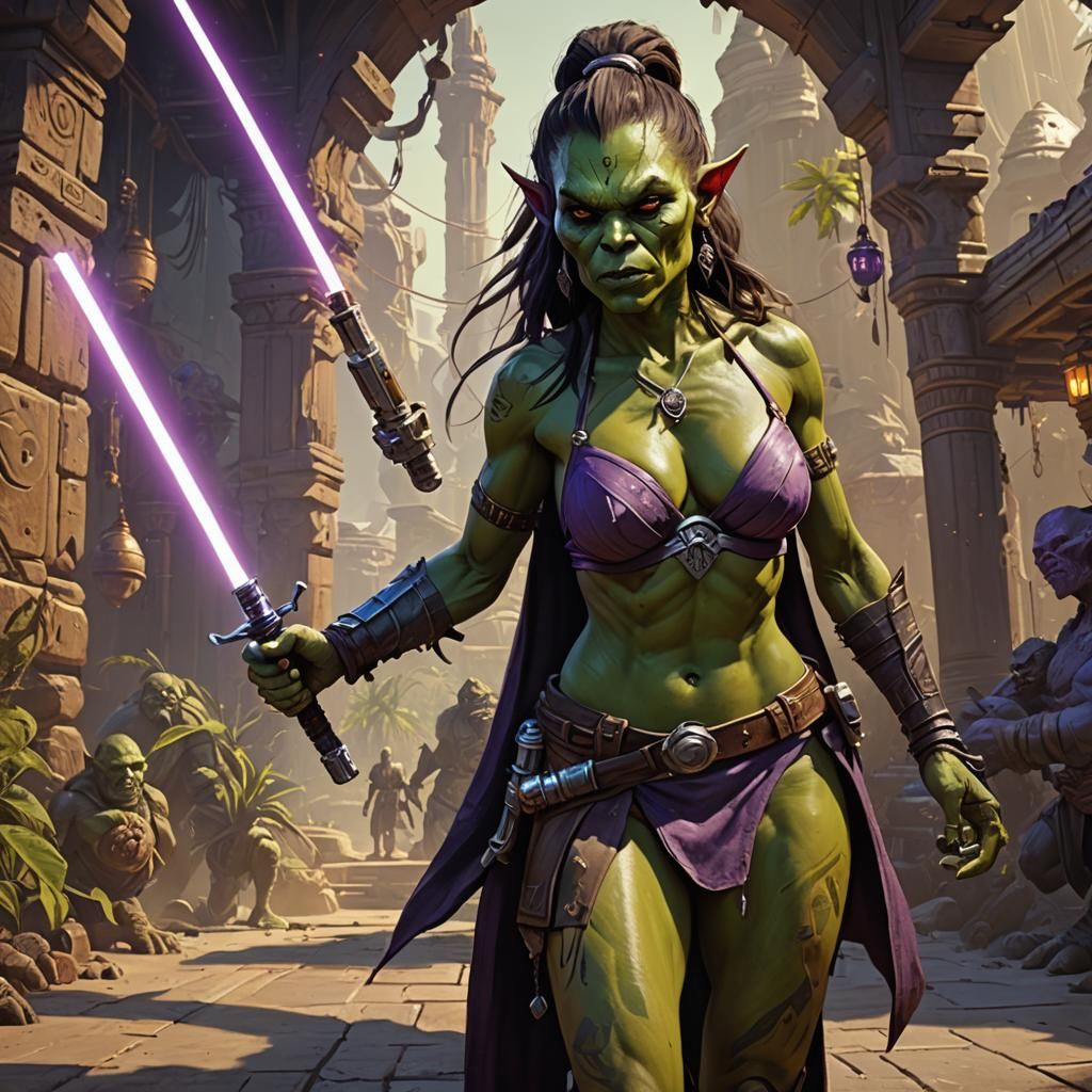 Female Orc Jedi with Lightsaber, Dark Fantasy Art