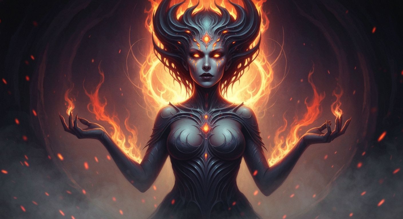 Ethereal Goddess of Hell in Fiery Ambiance