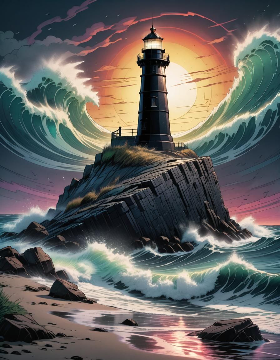 Dramatic Black Brick Lighthouse Comic Art
