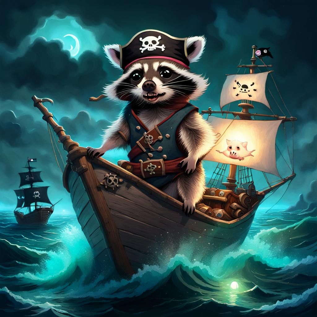 Raccoon-Pig Pirate Sailing Bioluminescent Sea