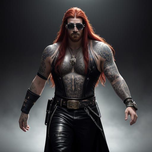 Epic Dark Fantasy Warrior in Red Leather and Mirrored Sungla...