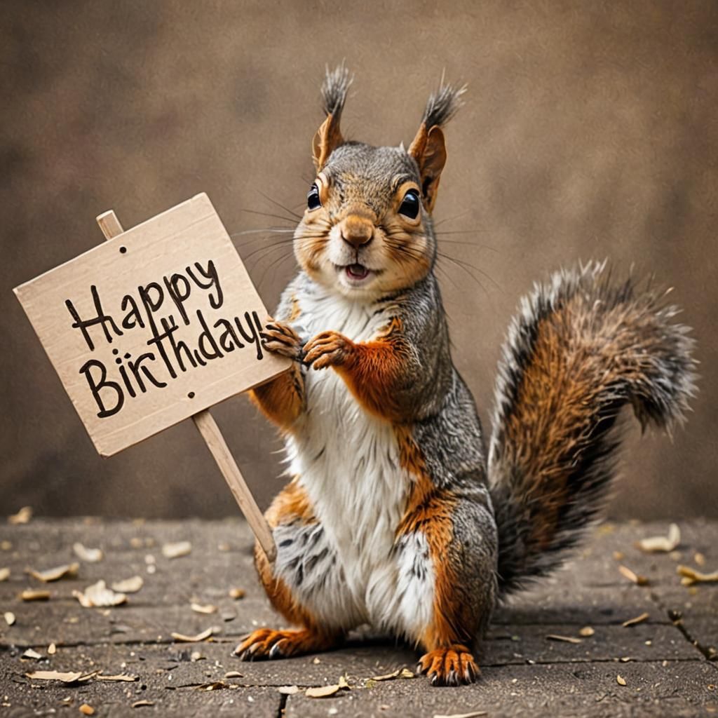 Cute Squirrel Celebrates Birthday with Sign
