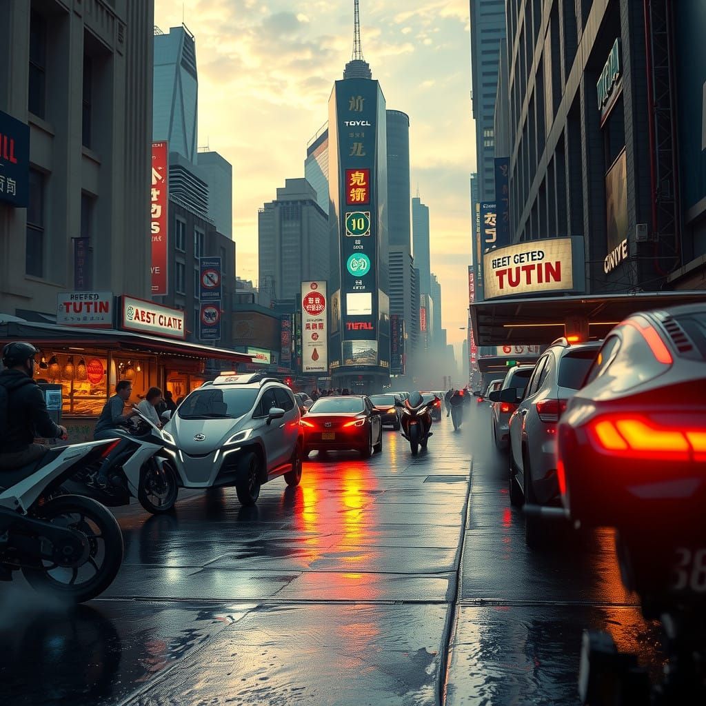 Cyberpunk Metropolis Street Scene at Dusk with Futuristic Ve...