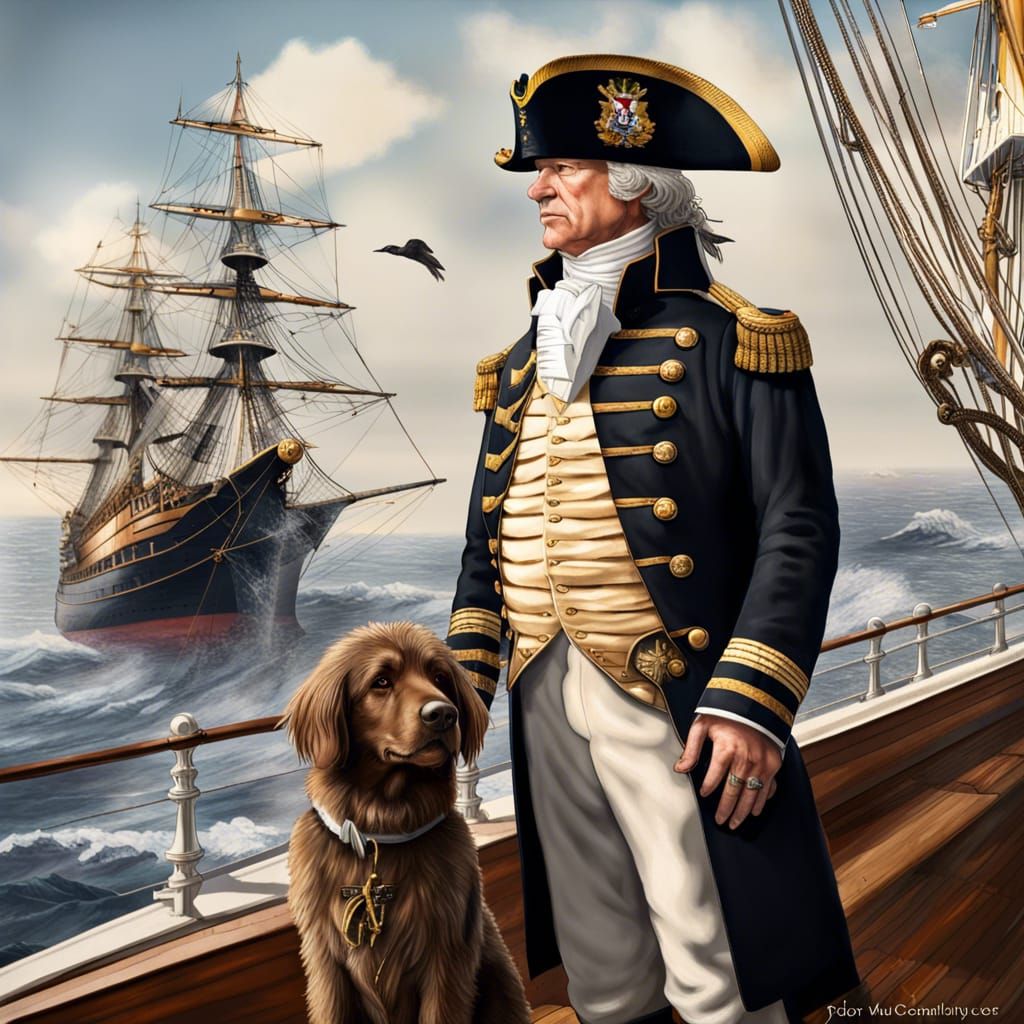 Admiral Nelson is standing on the deck of HMS Victory, next to him stands a Newfoundland dog,