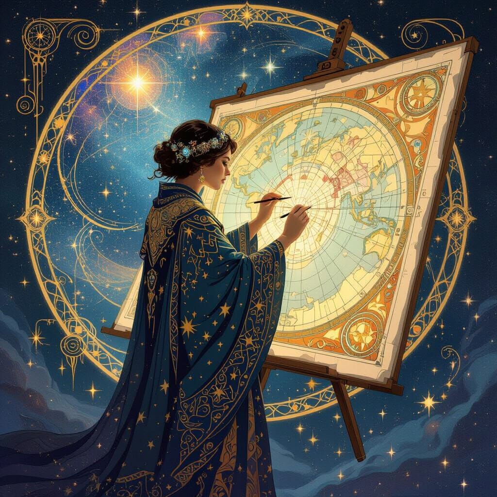 Cosmic Cartographer Mapping Galaxies in Art Nouveau Style