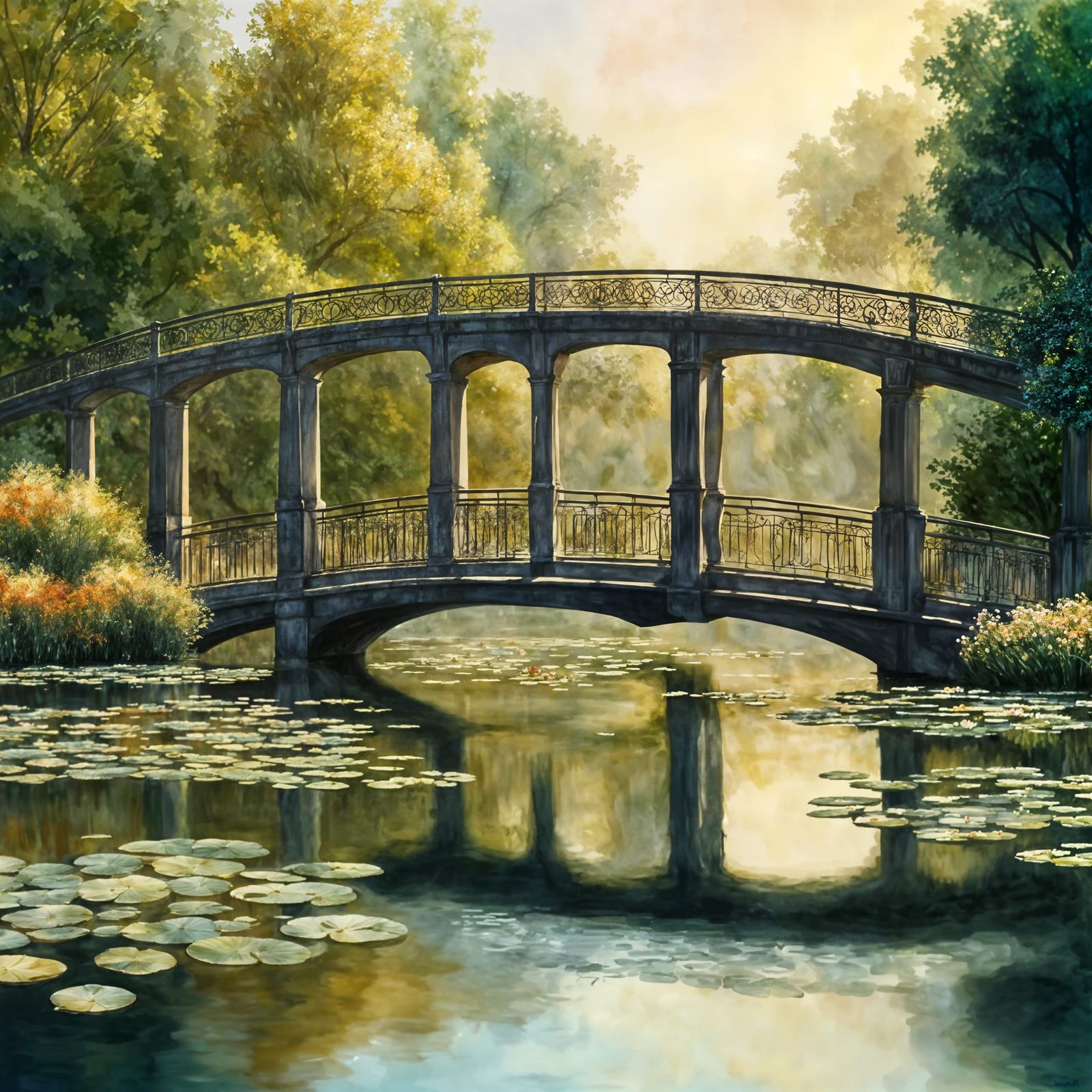 Watercolor Art Deco Bridge Over a Pond of Water Lilies