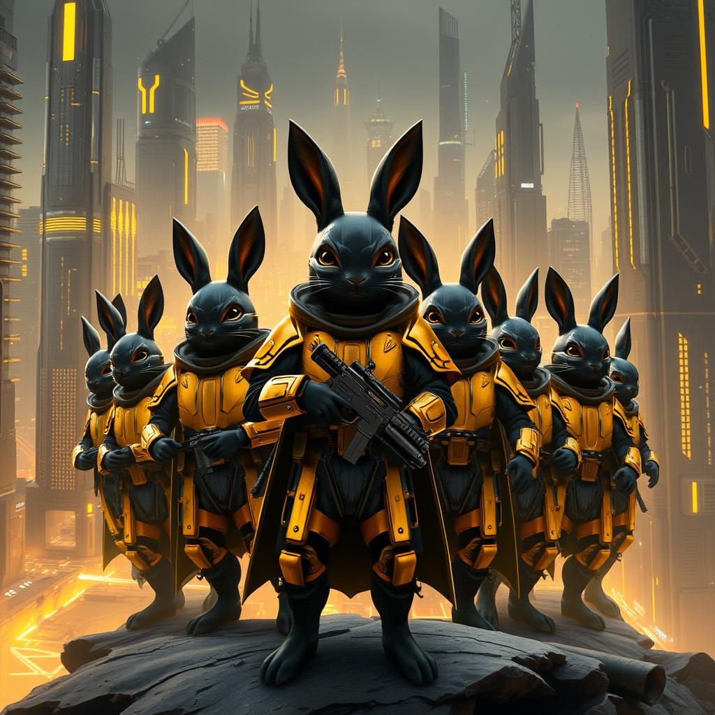 Golden Mandalorian Rabbits Unite in Cyberpunk Cityscape