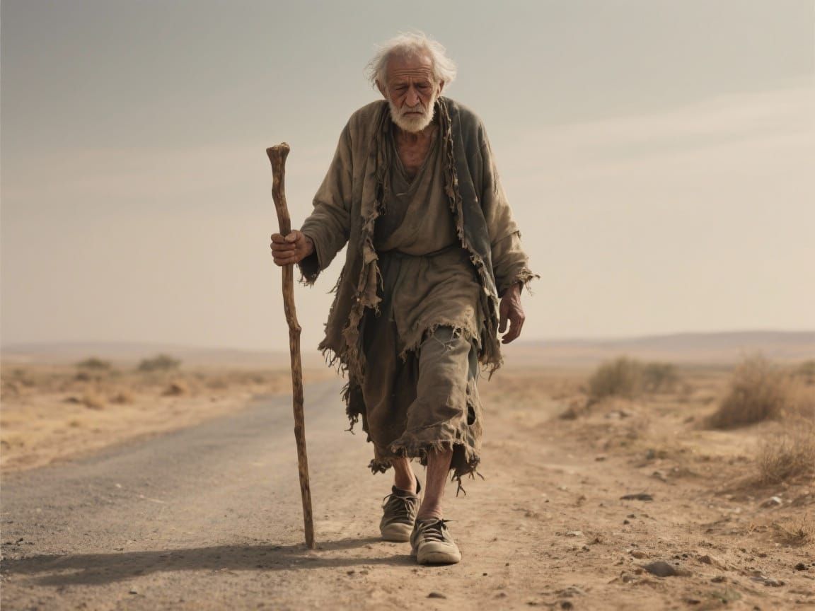 Hyper-Realistic Old Man Wandering Barren Road