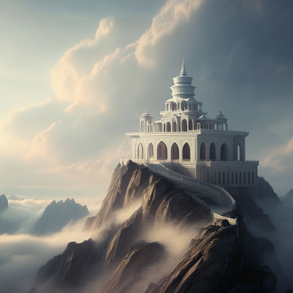 Lone White Marble Temple Above Misty Mountain Clouds