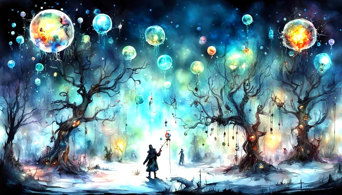 Gothic Stick Figures in Winter Wonderland as Watercolour