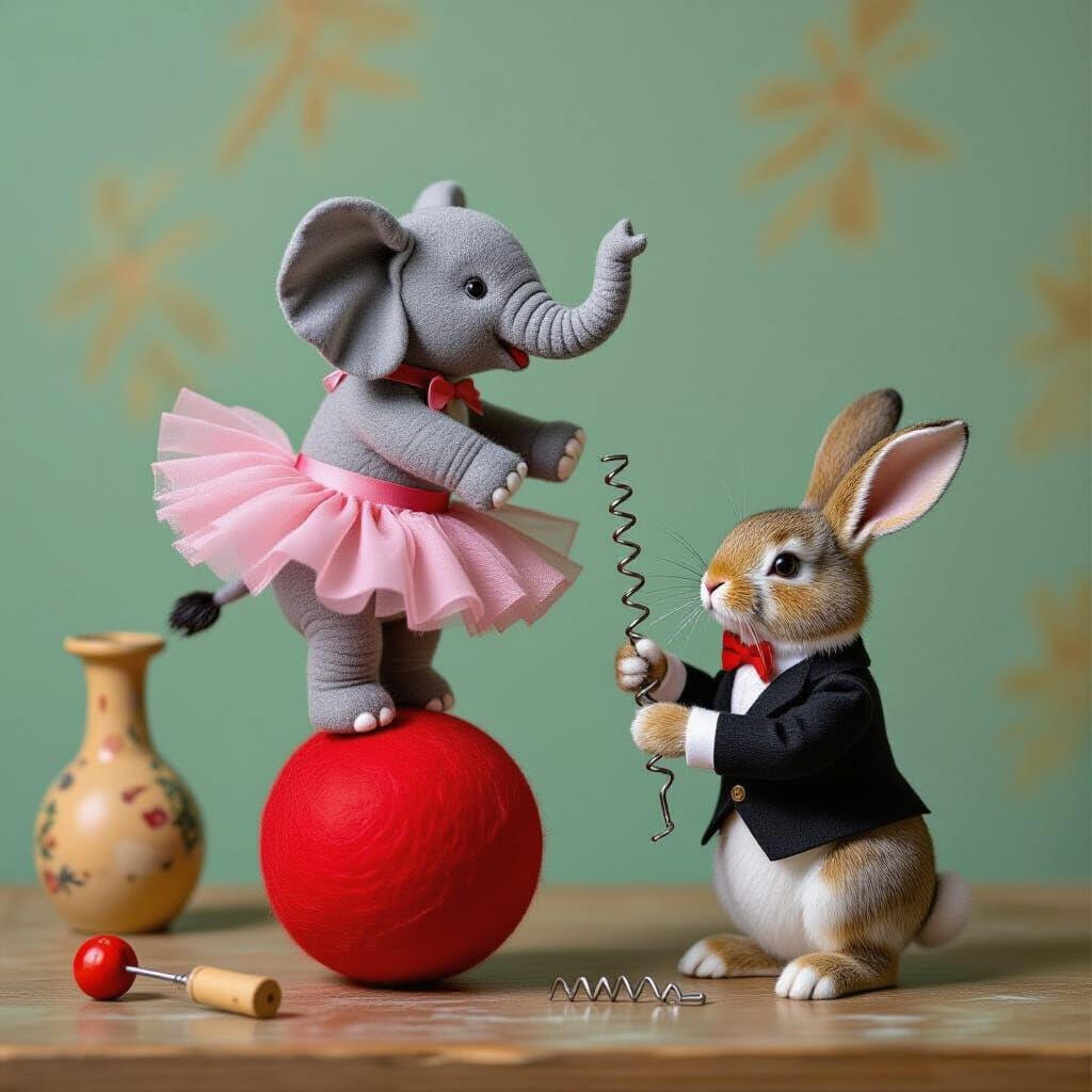 Surreal Felt Elephant Balancing Act in Whimsical Style