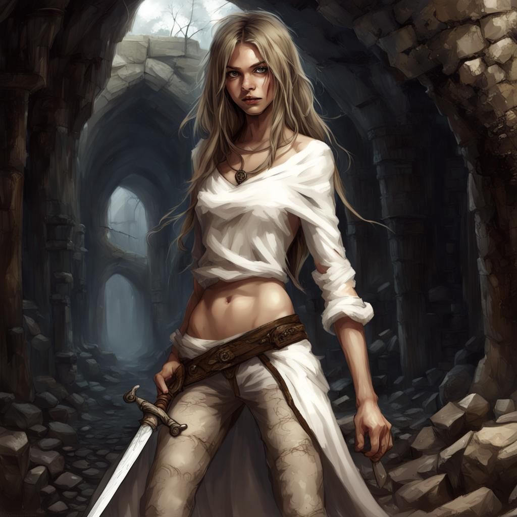 Fantasy Heroine in Underground City with Bone Sword