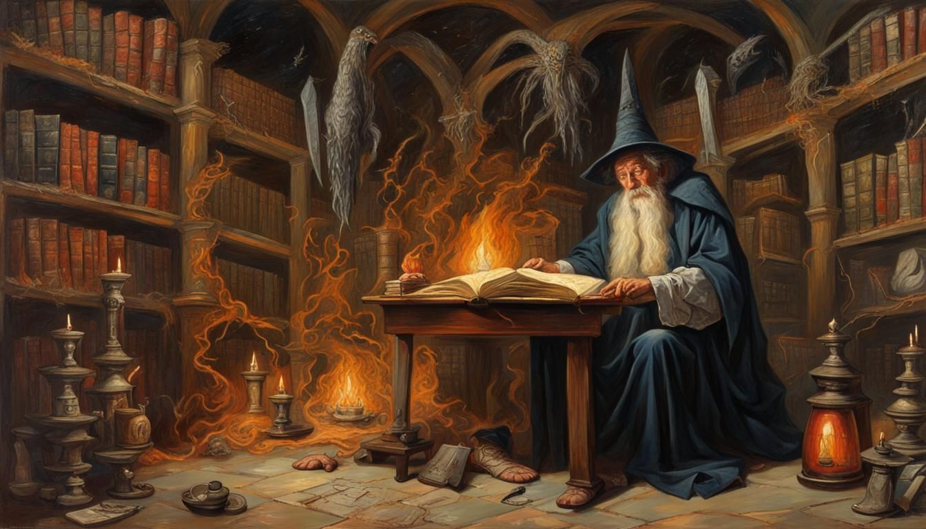 Wizard in Old Library Oil Painting