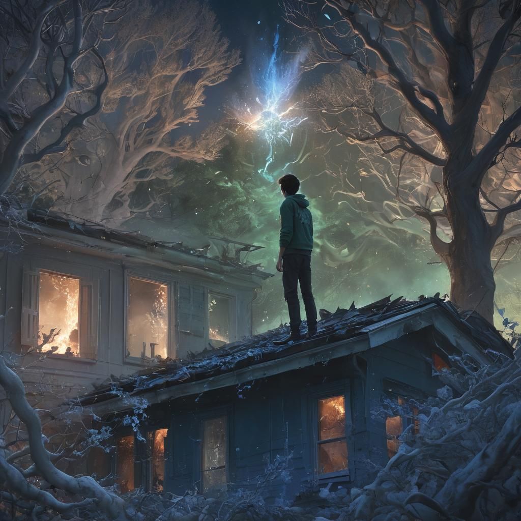 Teenager in Burning Chaos with Glowing Star: Concept Art